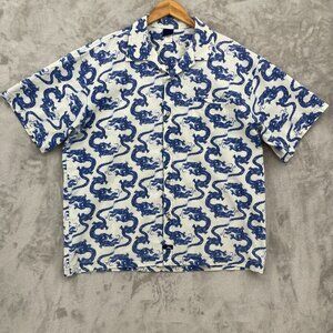 No Fear Vintage 90s Blue White Allover Dragon Print Button Front Shirt